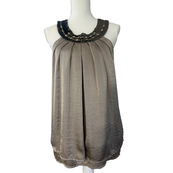 Adiva Tops - Adiva Slate Grey Satiny 2 Layer Flowy Fairy Blouse Embellished Neckline Sz L